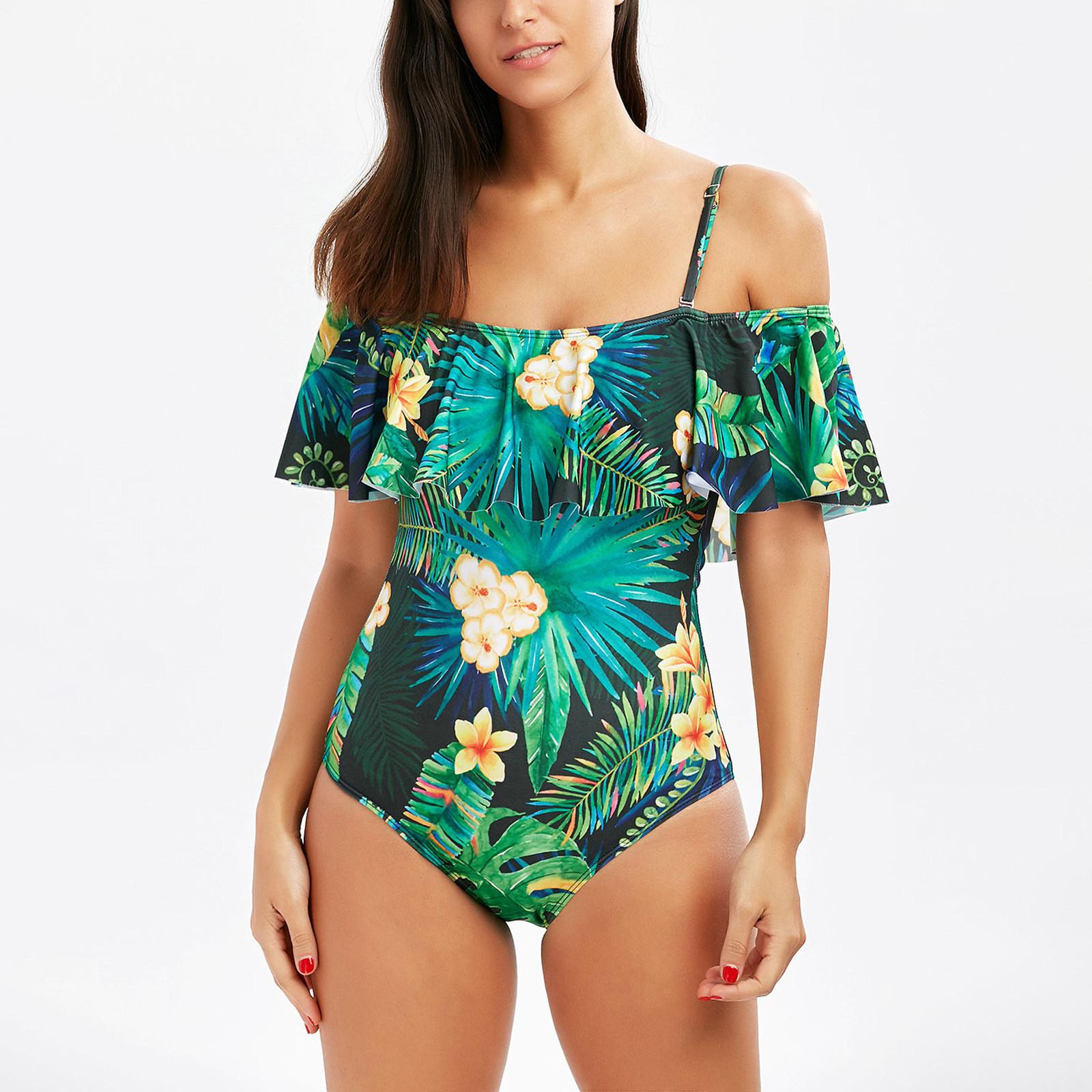 

Модный женский интегрированный купальник с рюшами и растительным принтом L