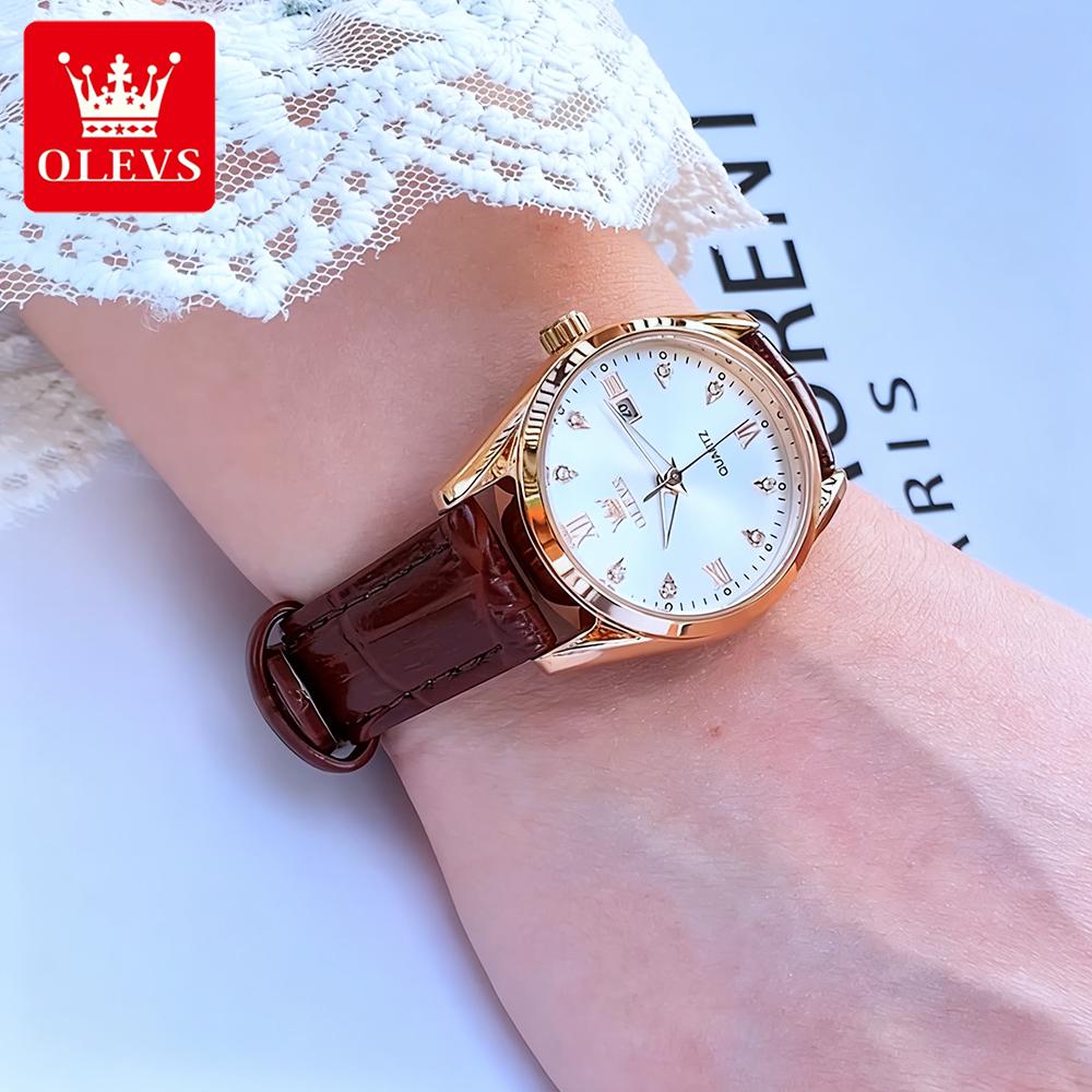 OLEVS Women Watches Elegant Fashion Leather Strap Small Dial Original Brand Quartz Wristwatch for Lady Waterproof Luminous Date