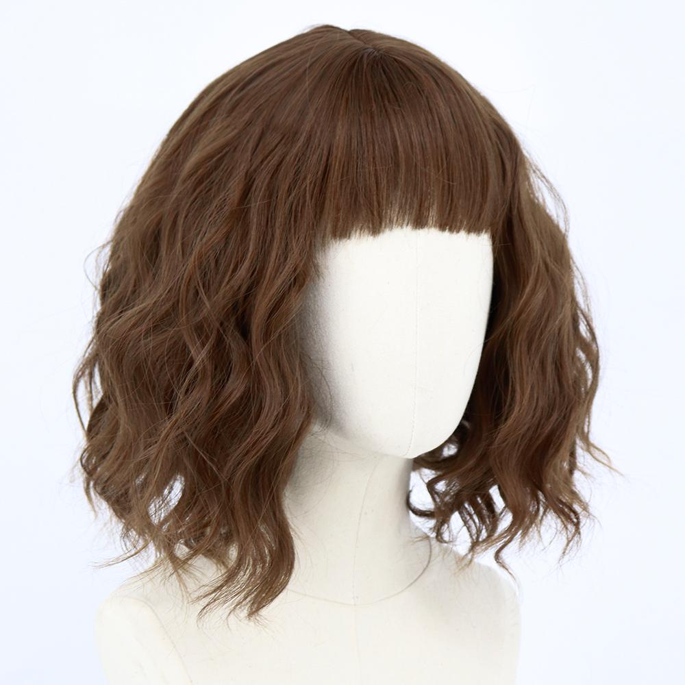 MERISIHAIR Brązowe krótkie peruki Bob Wave z grzywką Blond dla kobiet Naturalne odporne na ciepło syntetyczne peruki Codzienne noszenie Cosplay Kręcone włosy