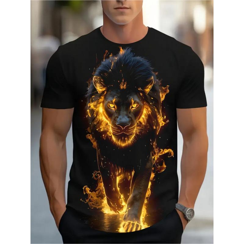 Men's Flame Lion 3D Printed T-Shirt Casual Short Sleeve Crewneck Top Cool Fiery Fire Animal King Graphic Tee Hip Hop Style Dark Streetwear Apparel