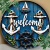 Vintage Nautical Metal Wall Art, 7.8" Round Ship Anchor Sailboat Sign, Coastal Home Decor
