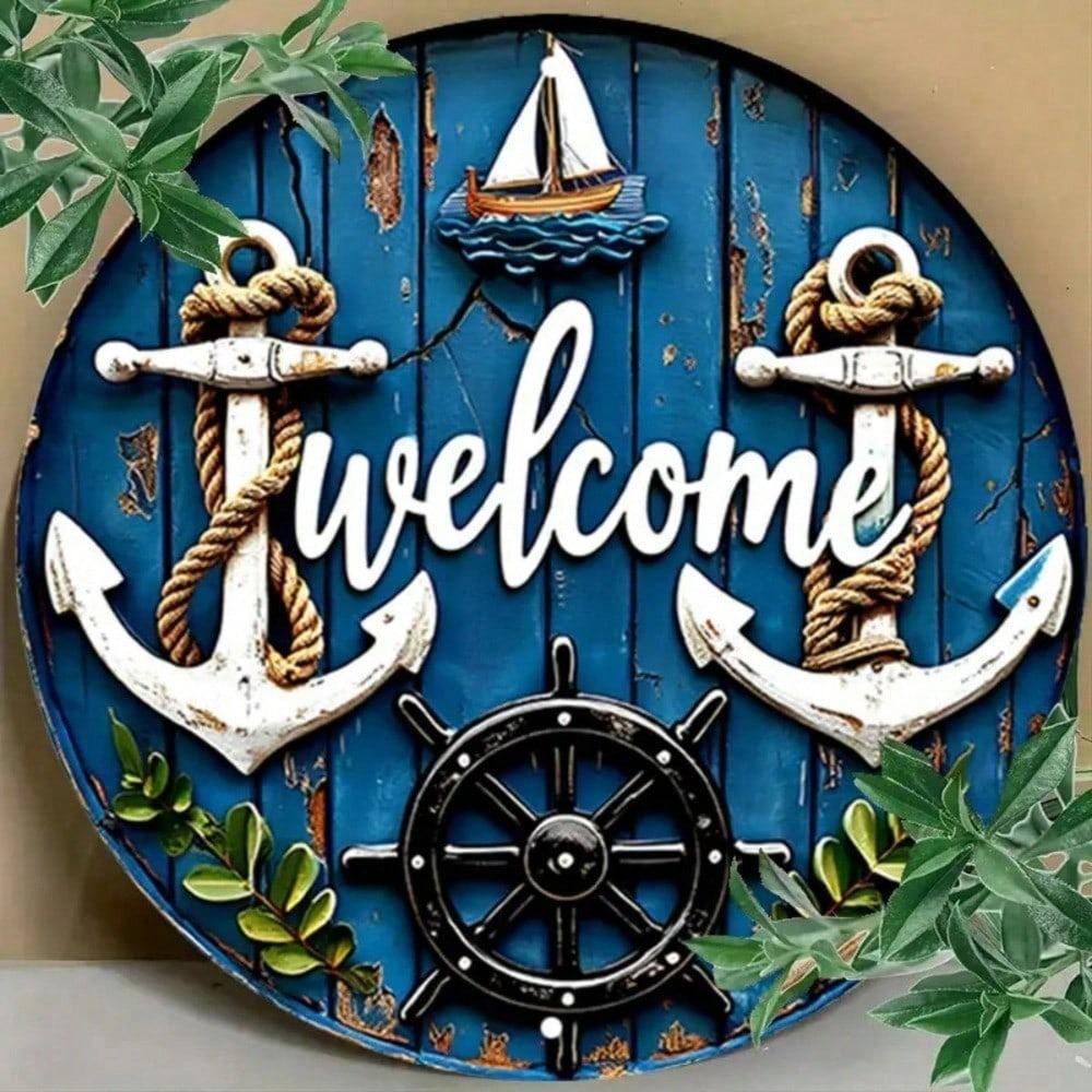 Vintage Nautical Metal Wall Art, 7.8" Round Ship Anchor Sailboat Sign, Coastal Home Decor