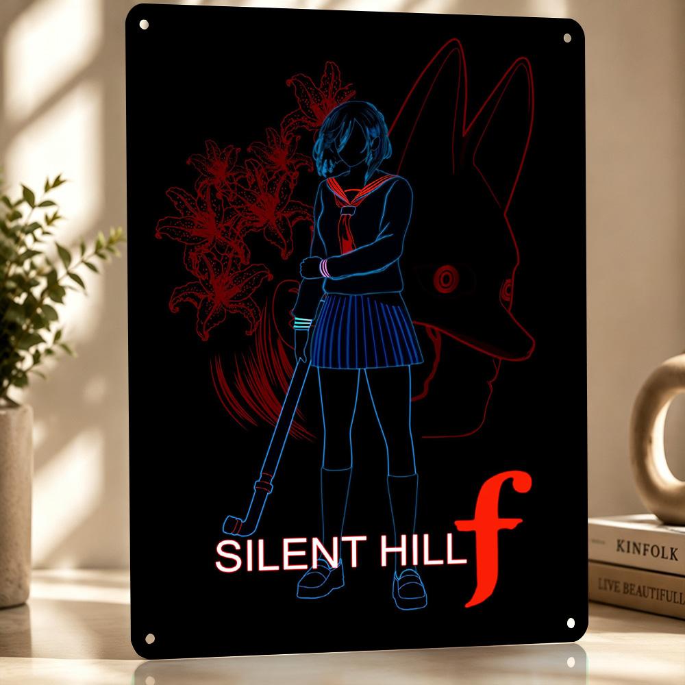 Silent Hill F Neon Illustration D Printed Texture Poster Personalized Wall Art Retro Metal Tin Signs for Gaming Room Decoration