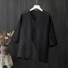 2024 Summer Lightweight Cotton Linen V-Neck Blouse - Zen Style, Plus Size, Mid-Sleeve, Comfortable, White Shirt