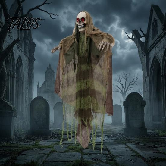 Indoor Outdoor Halloween Ornaments Animatronics Hanging Ghost Decoration, Sound Activated Grim Reaper Prop with LED Battery Operated Decor Glowing
