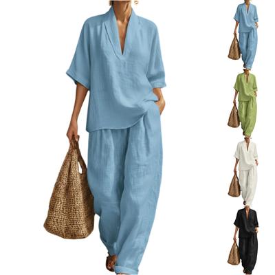 Women's Casual  V-neck Pullover Top With Loose Waist Pants Set