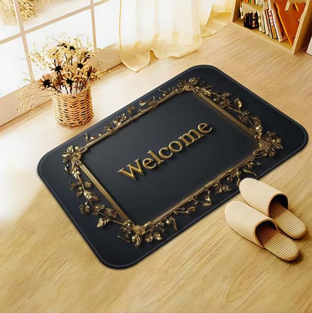Elegante 3D Goldrahmen Willkommen Fußmatten Wasserabsorbierende Badematte Blumendesign Blau und Gold Hauseingänge oder Badezimmer