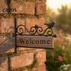Bird Shaped Door Sign Mini Welcome Sign, Retro Carved Wooden Panel with Iron Frame Wall Vintage Decoration Mounting for Outdoor Porch Courtyard Gates