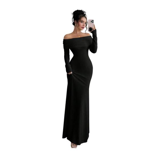 Women Off Shoulder Bodycon Maxi Dress Formal Long Sleeve Evening Gown Ruched Club Party