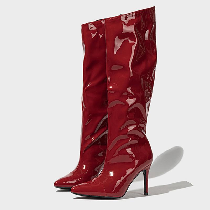Liyke New Arrivals Pleated Patent Leather Knee High Boots Women Sexy Pointed Toe Runway Shoes Autumn Winter Stiletto Heels Pumps
