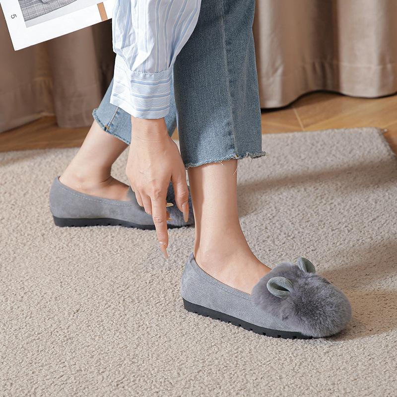 Fashion Cute Rabbit Ear Furry Flats Woman Big Size 34-43 Smooth Fur Loafers Winter Warm Barefoot Cotton Shoes Ladies Shearling Mocasines