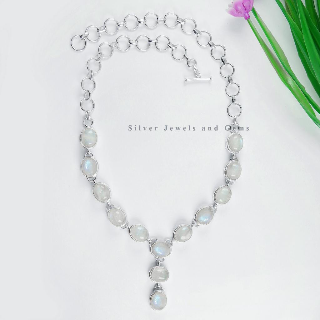 Natural Moonstone Necklace, 925 Sterling Silver Necklace, Birthday Necklace, Blue Fire Moonstone Necklace, Handmade Necklace