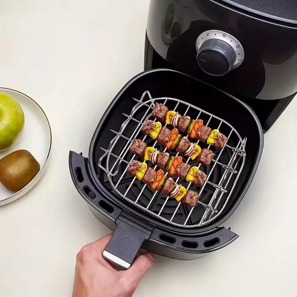20cm/7.87in Air Fryer Square Grill Stainless Steel, with 4 Barbecue Skewers Grill, Air Fryer Accessories, Cooking Rack, Kitchen