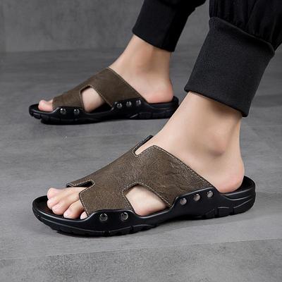 Men's Flat Slippers Extra Wide Slide Sandals Outdoor Beach Open Toe Casual Soft Walking Leather Sandals