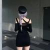 Pure Desire Spice Girl Off-the-shoulder Black Mesh Long-sleeved Dress, Early Autumn New Models Show Tight Figure, Hip-wrapped Short Skirt Women
