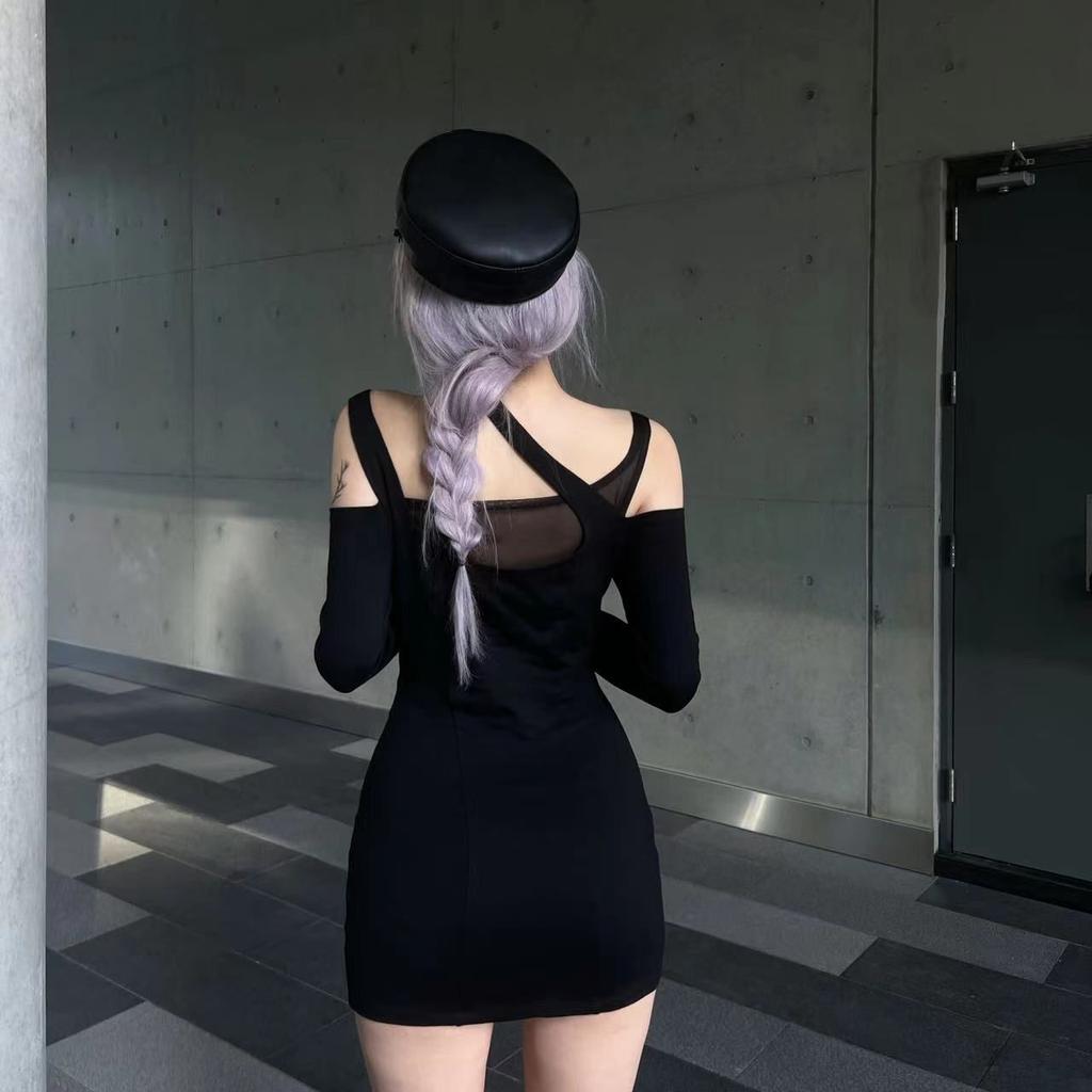 Pure Desire Spice Girl Off-the-shoulder Black Mesh Long-sleeved Dress, Early Autumn New Models Show Tight Figure, Hip-wrapped Short Skirt Women