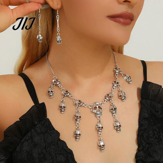 Alloy Necklace Set Halloween Skull Jewelry for Women, Tassel & Spooky Theme Dangle Earrings, Punk Gothic Accessories Costume Party Dark Aesthetic