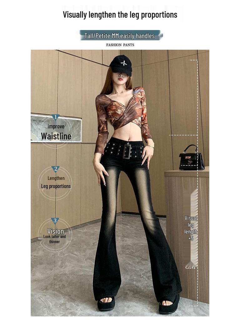 Retro Gradient Flare Jeans: Women's High Waist, Slimming Floor-Length American Style for Autumn