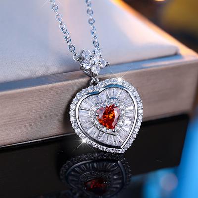 Cute Silver Color Red Heart Flower Pendant Necklace for Women Wedding Jewelry Gift Female Fashion