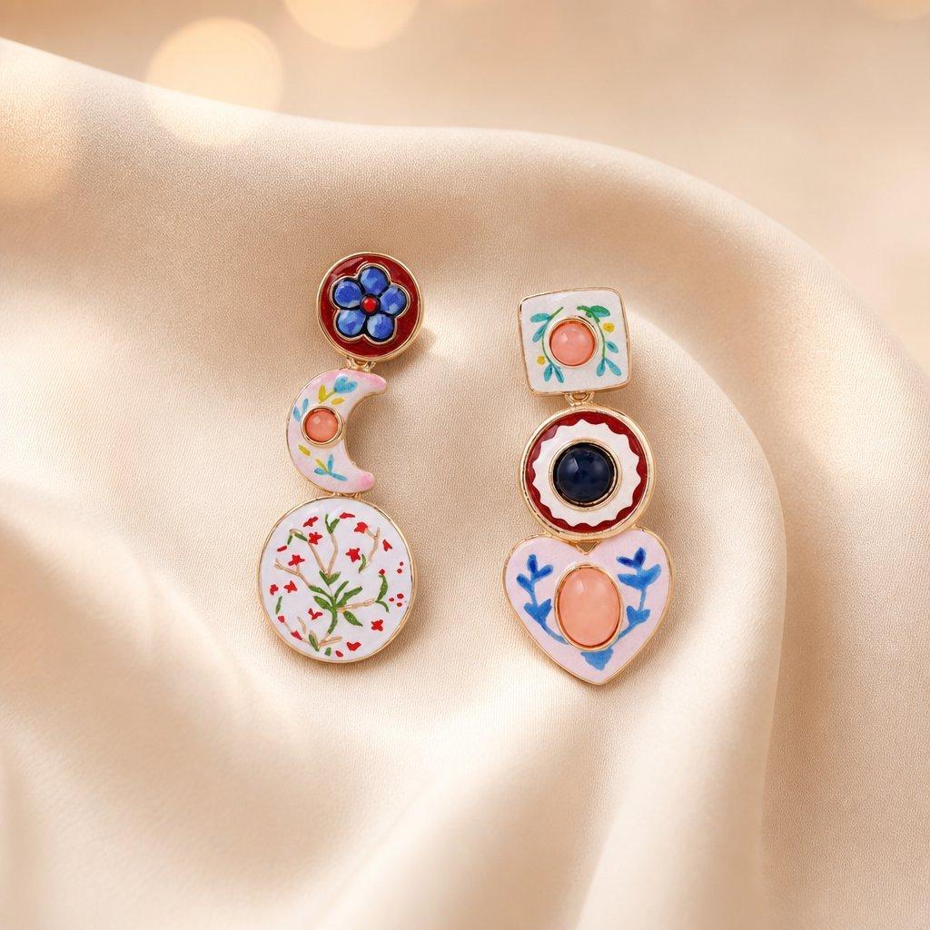Vintage Geometric Alloy Earrings With Enamel Floral And Asymmetric Heart Design For Women