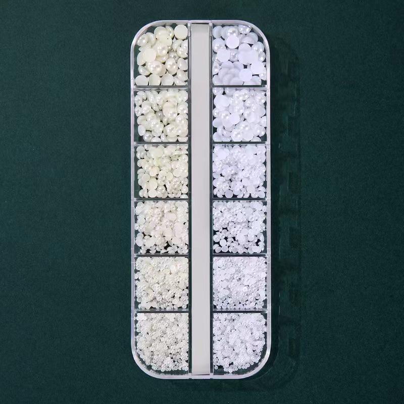24-Grid Nail Art Pearl Rhinestones: Half & Full Round Off White and Pure White Mix