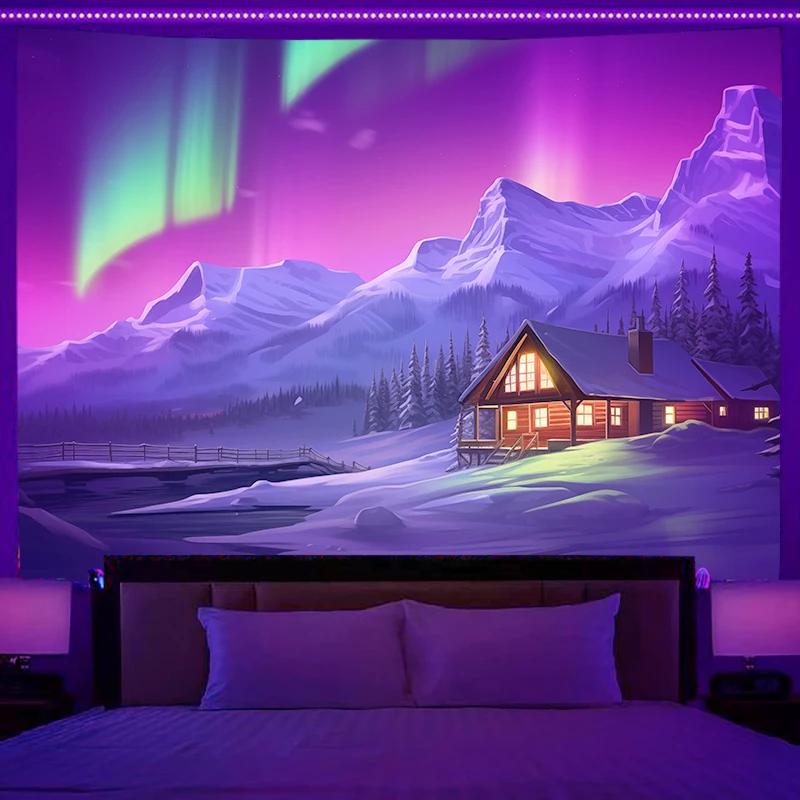 Fluorescent Tapestry Neon Mountain Landscape Hippie Wall Hanging Home Bedroom Room Party Decoration Background Cloth