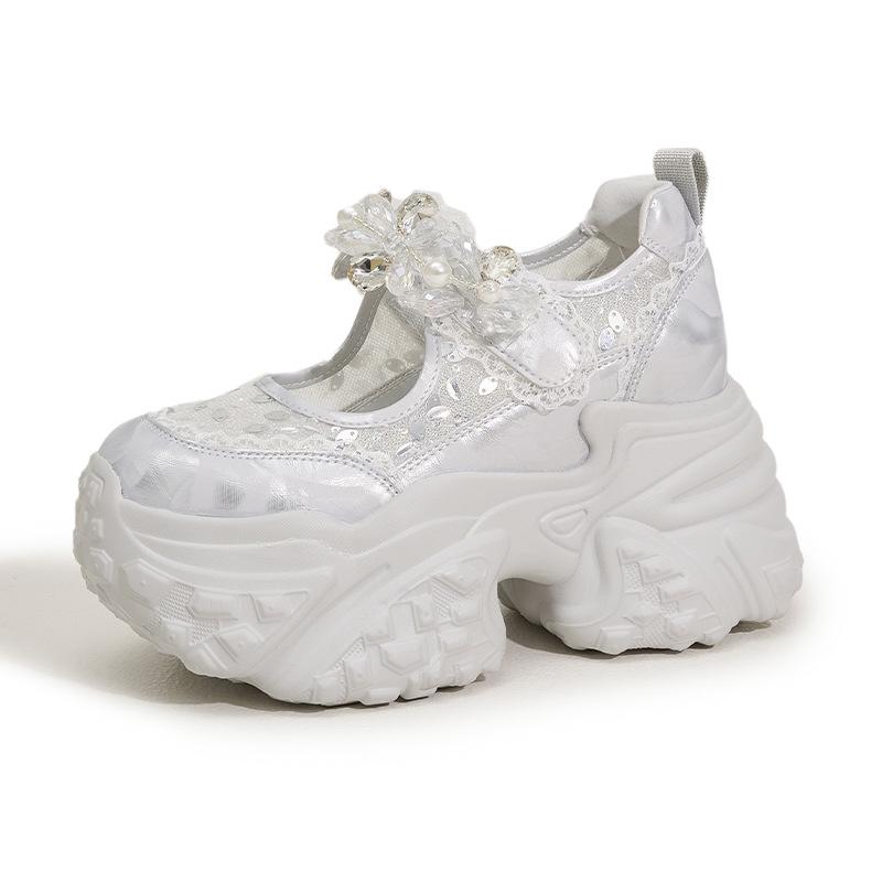 Platform Mary Jane shoes women's 2025 summer new Velcro shoes flower rhinestone sandals versatile inner height increase women's shoes