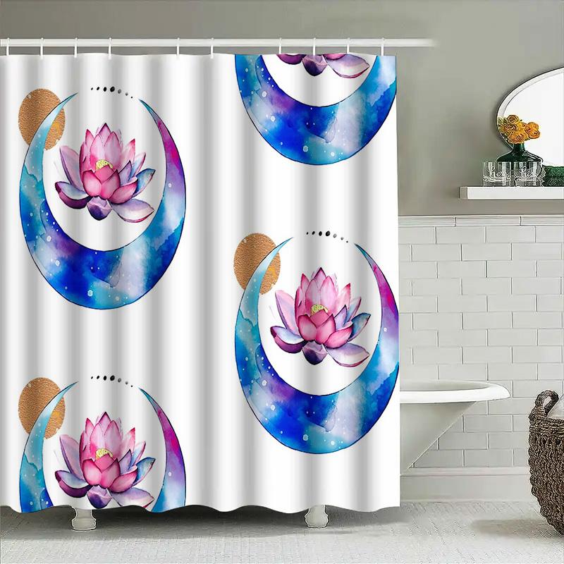 Lotus Flower Shower Curtain Floral Botanical Nature Spa Teal Blue Bathroom Decor Waterproof Fabric Vintage Artistic Home Accent