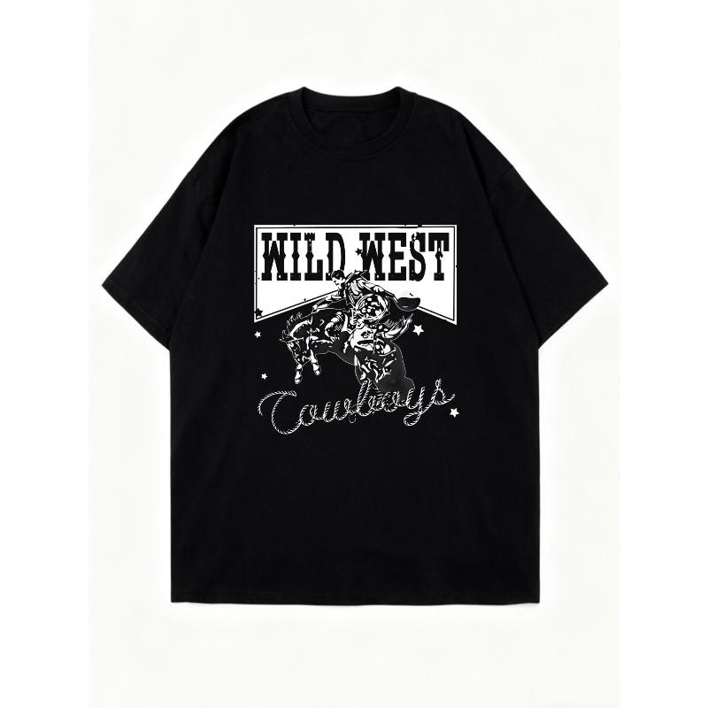 Oversized T Shirt Black Wild West Cowboys Graphic Print Western Theme Casual Wear