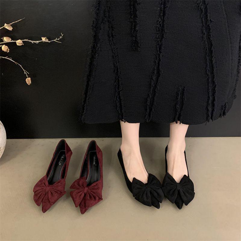 2025 Spring/Autumn Black Satin Pointed Toe Bow Stilettos