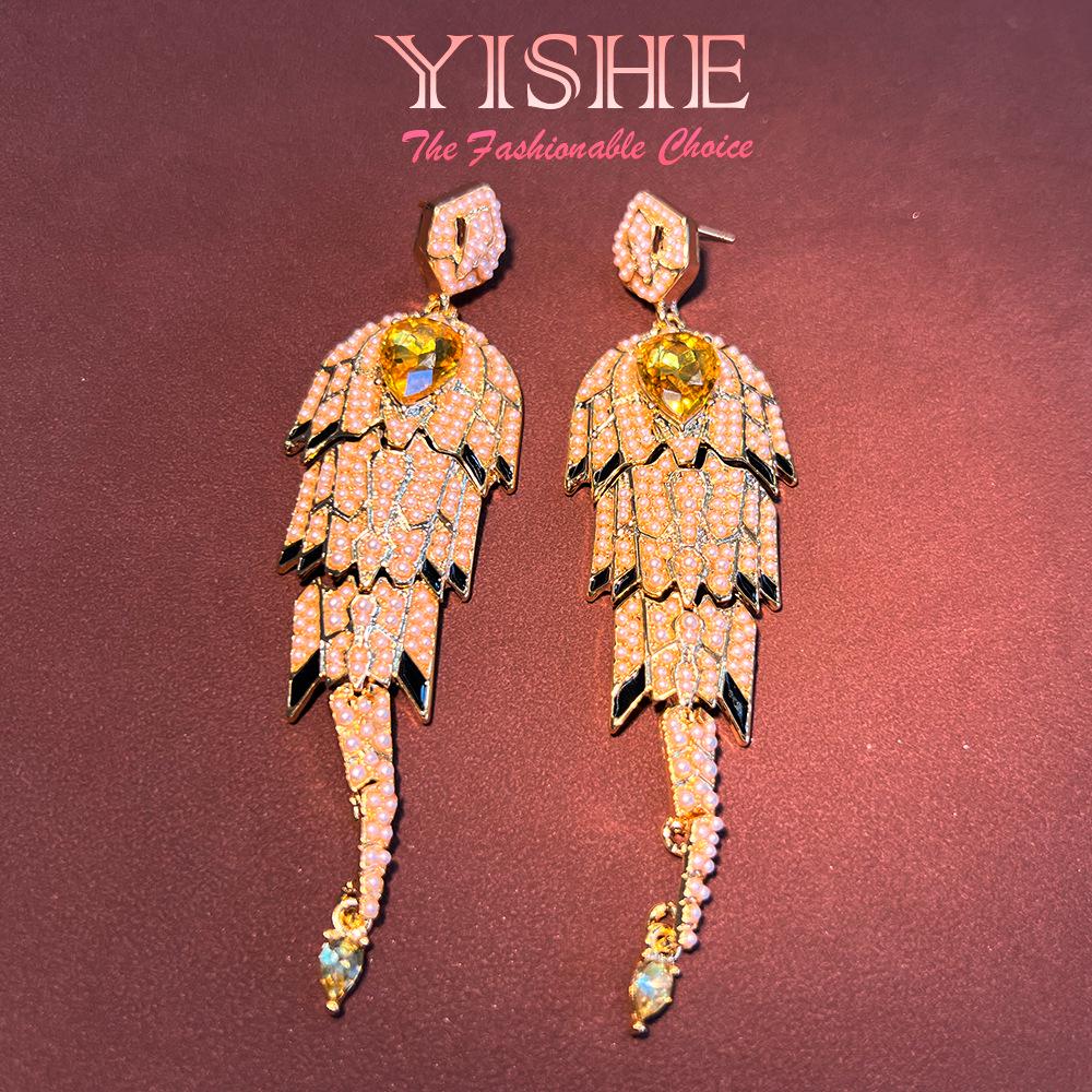 

Винтажные серьги с перьями и стразами - Западный античный стиль, длинные и преувеличенные, нишевые европейские и американские украшения. золотой