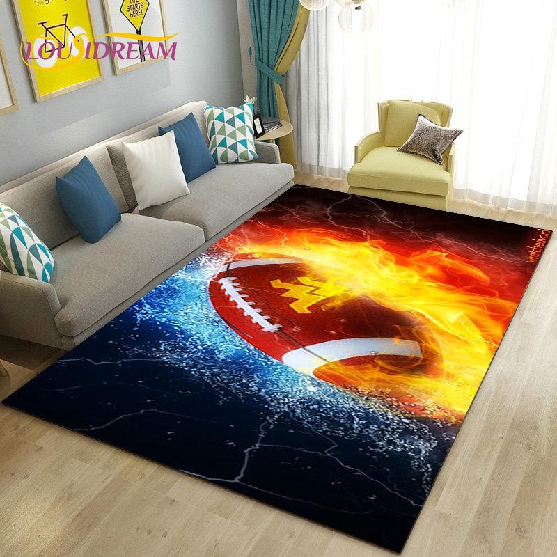 Amerikanisches Footballfeld Rugby Bereichsteppich Groß, Teppich für Wohnzimmer Schlafzimmer Sofa Fußmatte Dekoration, Rutschfeste Bodenmatte 3D