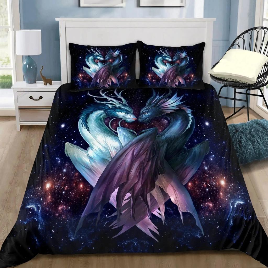 Dragon and Phoenix Duvet Cover Set Full Queen Size, Fantasy World Monster Gothic Bedding Sets Bohemian Mandala Comforter Cover