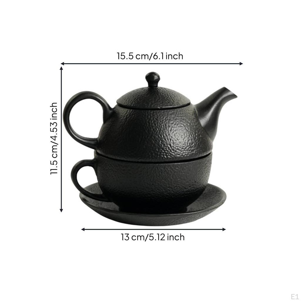 Cast Ironware Tea Set Matte Dark with Saucer Hammered Teapot Side Handle for Hosts,
