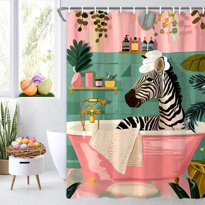 "Wodoodporna Zasłona Prysznicowa Zebra w Stylu Vintage - Różowa i Turkusowa Rośliny Tropikalne Poliester Można Prać w Pralkce Zabawny Wystrój Łazienki"