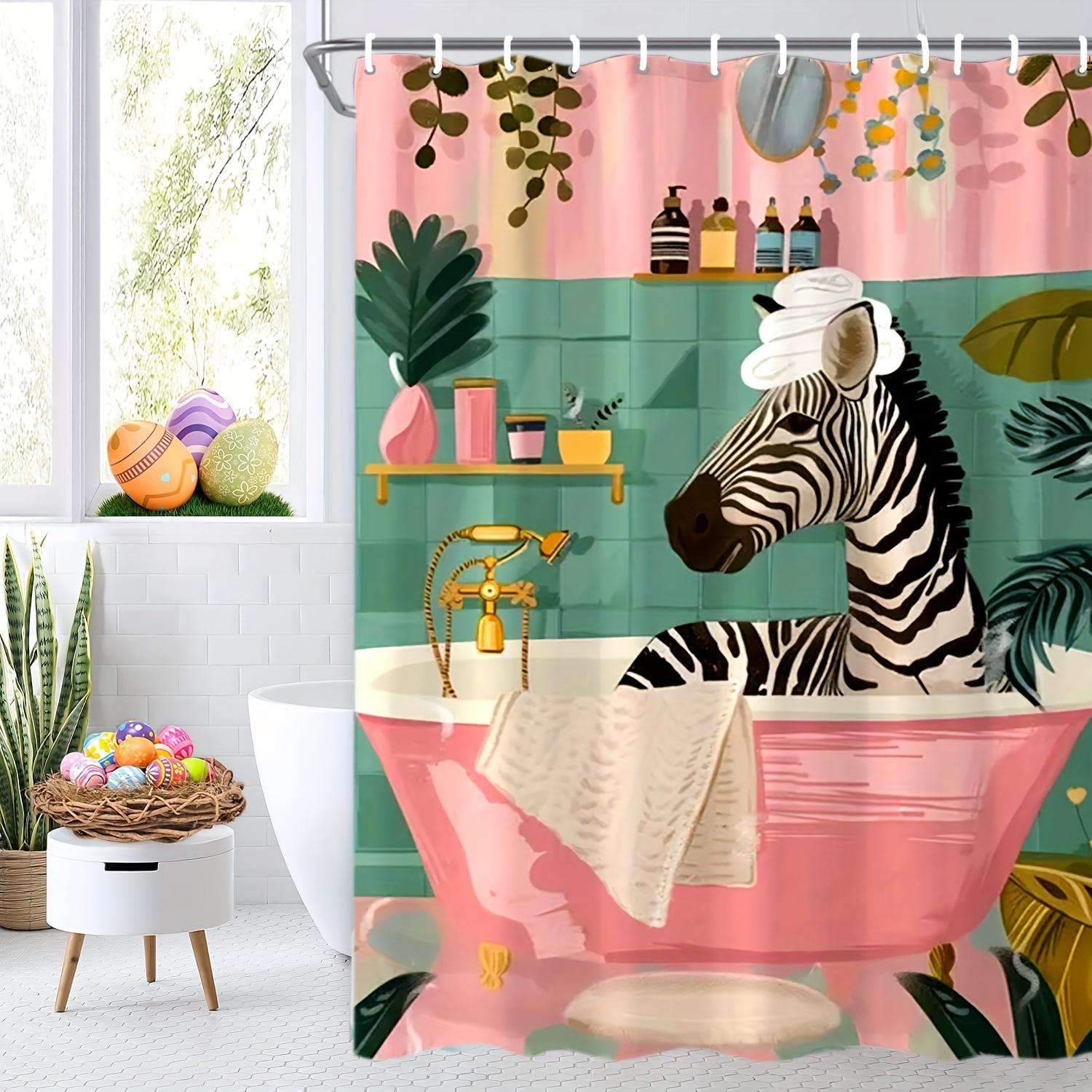 

Vintage Watercolor Zebra Bathtub Shower Curtain - Pink & Teal Tropical Plants Polyester Machine Washable Playful Bathroom Decor 140X200cm
