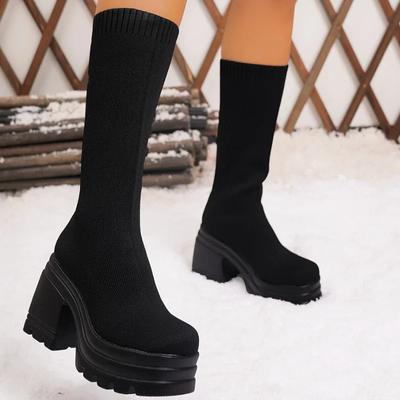 Botas de tacón alto para mujer, estilo nuevo 2025, tejidas, cálidas, con calcetines elásticos, para pasarela, informales, sin cordones, a la moda.