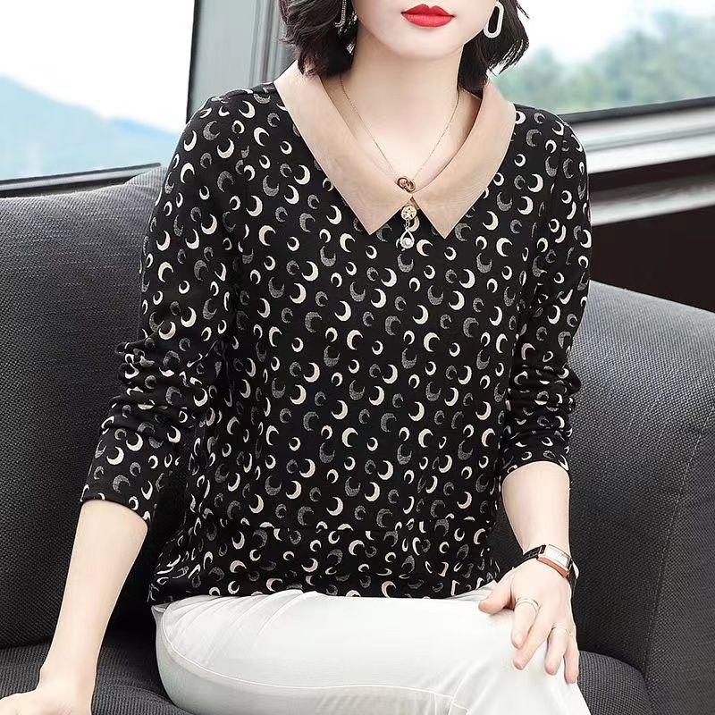 Frühling Herbst Polo Kragen Langarm T-shirt frauen Lose Mom Bodenbildung Shirt Neue Floral Top M-5XL