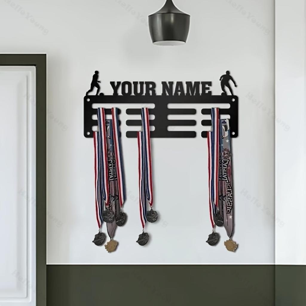 Art Mural Personnalisé en Métal Nom Personnalisé Support de Médailles de Football Décoration Sportive pour la Maison