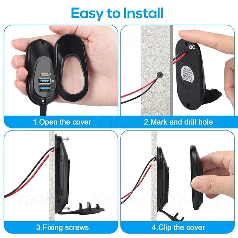 3-Ports 56W 12V RV USB Outlet Dual 18W QC3.0 USB-A & PD3.0 USB-C Outlet Car Charger Socket For Car Marine Boat Motorcycle Truck