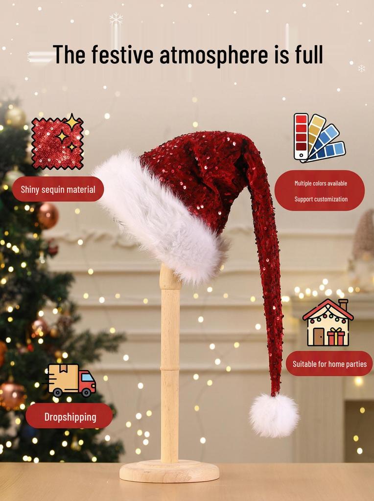 Adult Christmas Sequin Double-Layered Long Fur Hat - Multi-color, Festive Decoration
