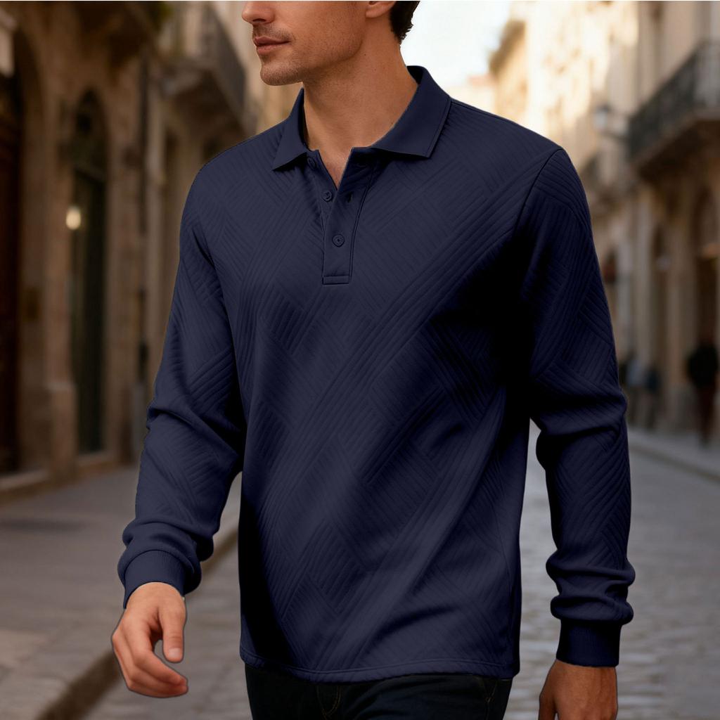 New Men's Solid-Colour Relaxed-Fit Casual Polo Shirt Long-Sleeved Button-Down Collar Jacquard Textured Sweatshirt