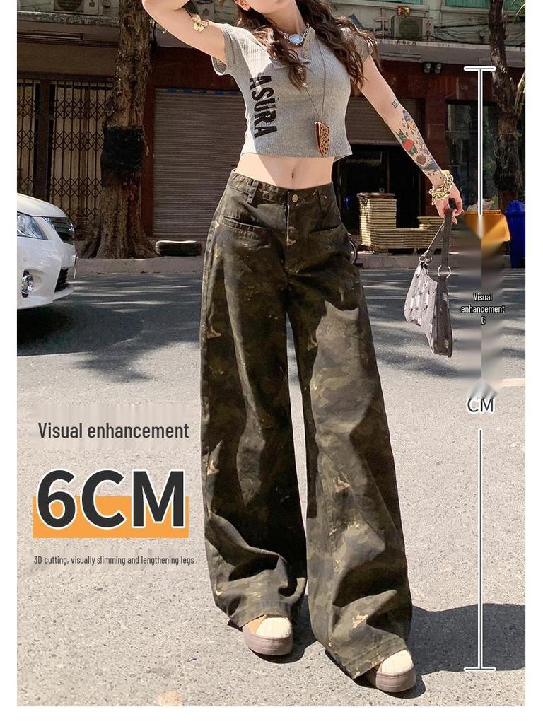 Damen Camouflage Cargo-Hose mit hoher Taille - Sommer 2025, Leicht, Schlankmachend, Lockerer gerader Schnitt Jeans