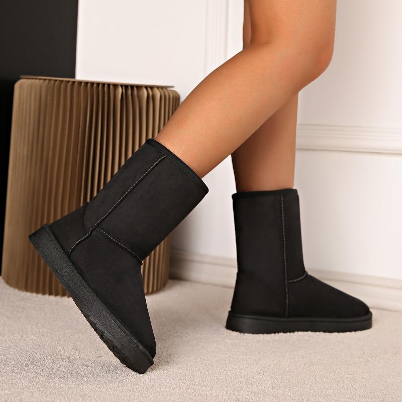 Women's New Autumn Winter Faux Short Fur Slip on Round Toe Flat Rubber Mid Calf Snow Boots