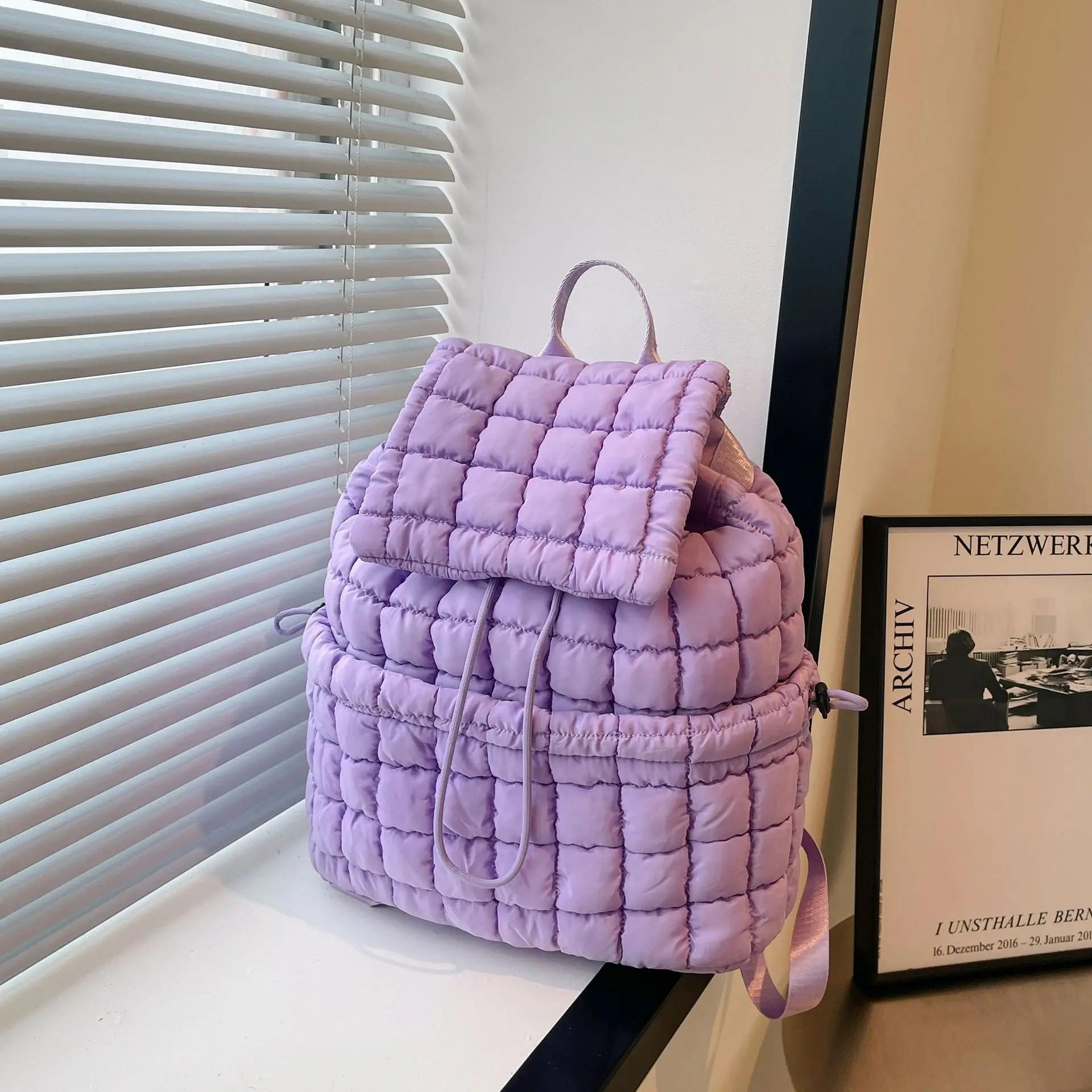 

Candy Color Quilted Women Backpack Puffy Down Padded School Bag Large Cotton Travel Back Pack Bags for Women Plaids Shoulder Bag 34x13x35cm