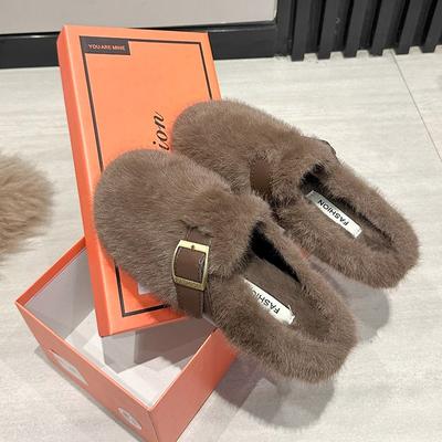 Hairy Slippers for Women In Autumn and Winter New Style One Foot Flat Lazy Half Toe Cotton Slippers with Cotton Slippers
