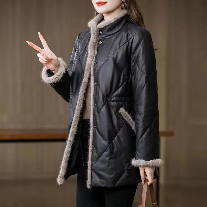 Mid-length Leather Women's Winter Stand-up Collar Padded Jacket Fashion Thickened Waist Warm Padded Jacket