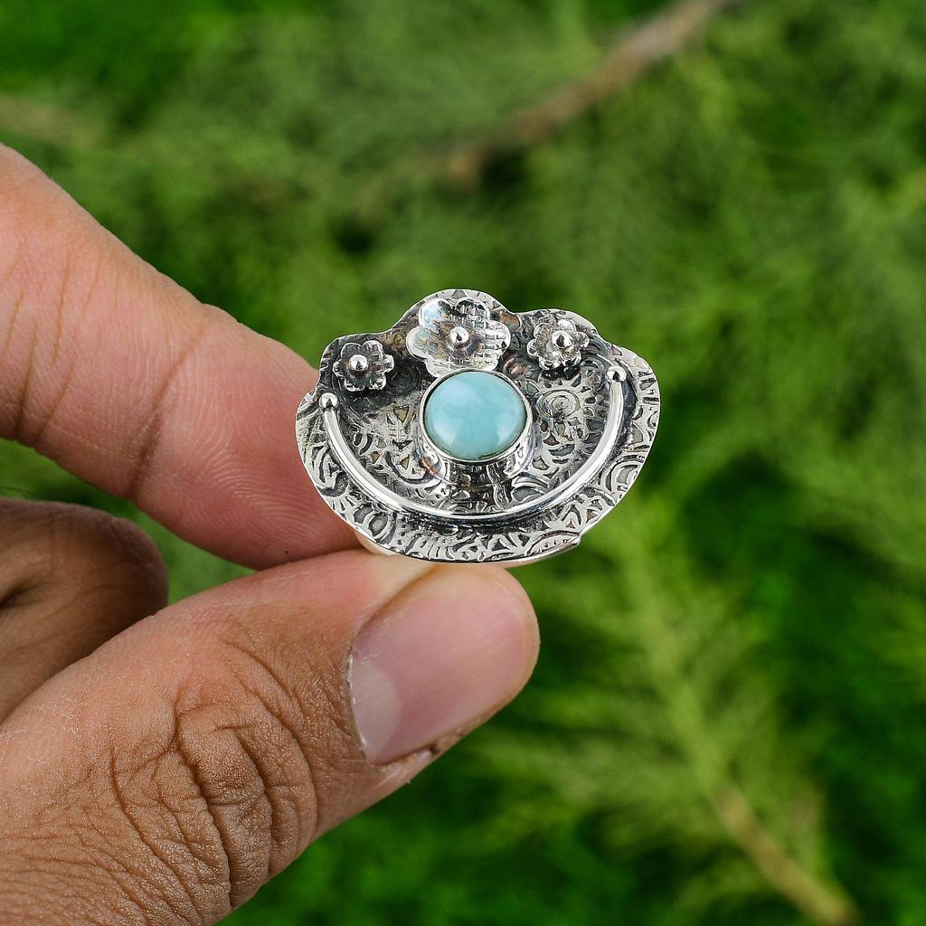 Sterling Silver Natural Larimar Engagement Statement Wife Flower Ring Jewelry