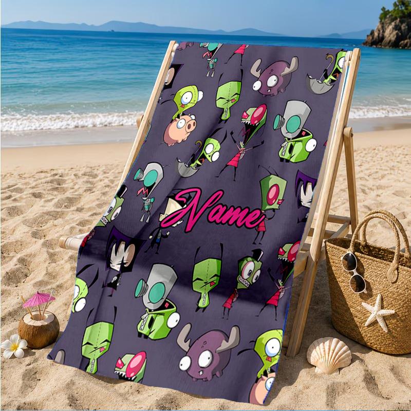 Custom Name Cartoon Alien Heart In Space Adventure Microfiber Beach Towel, Lightweight for Summer Travel, Swimming Pool Fan Gift