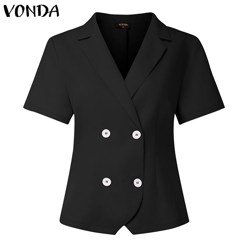 

ZANZEA Женская повседневная блузка с лацканами, коротким рукавом и приталенным силуэтом для офиса M чёрный